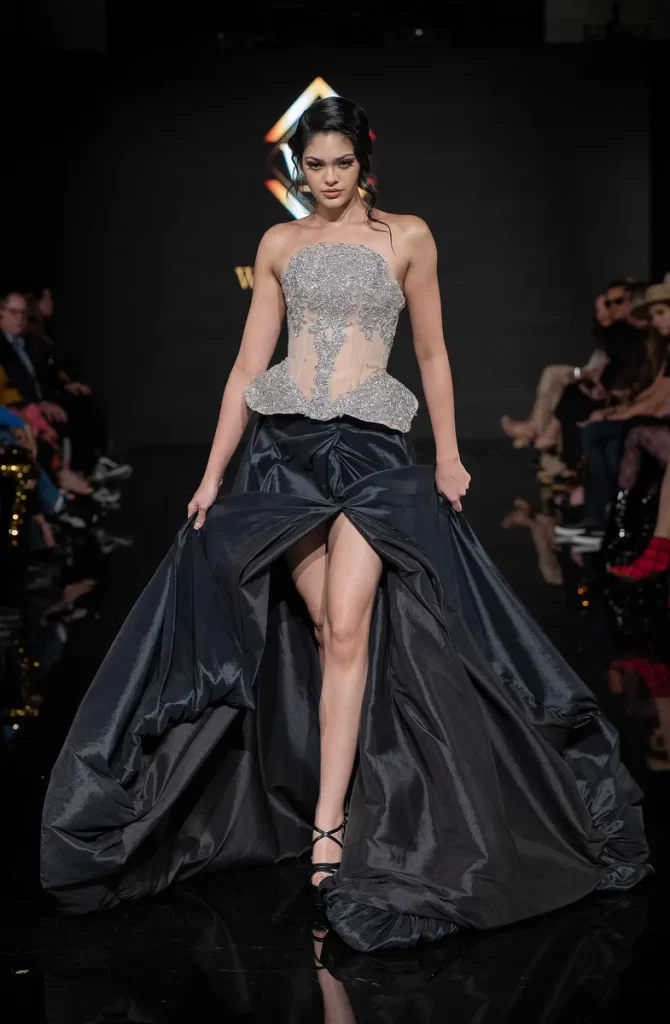 high fashion model walks at los angeles fashion week in ethereal collection